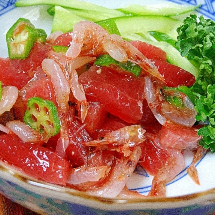 ゆず胡椒醤油で「生桜えびとマグロの和え物」